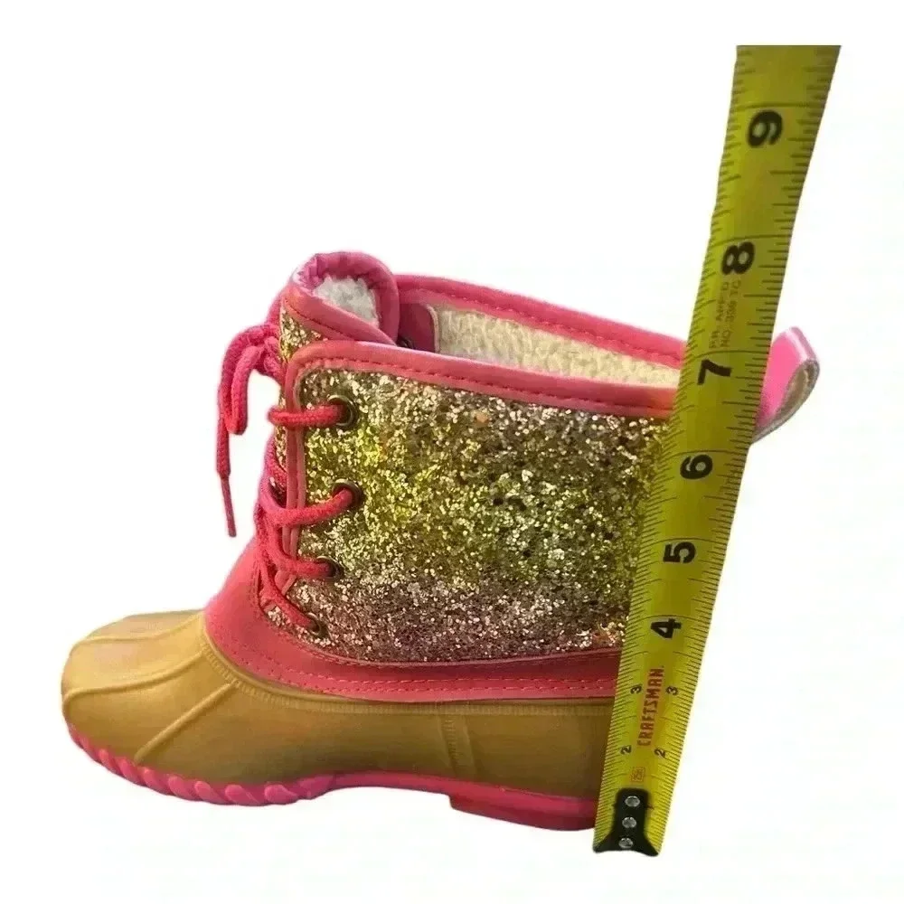 Olivia Miller Duck Boots  Girls Size 3 Pink Gold Glitter Fur Lined Lace Up